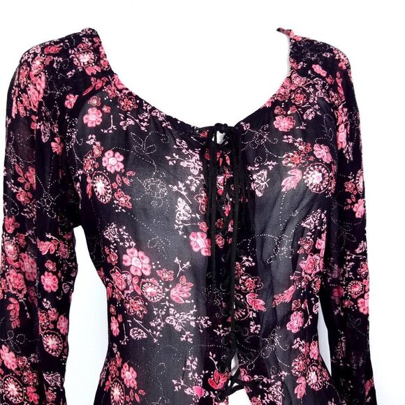 Angie Boho Floral Print Lace-Up Open Front Sheer Tunic Top Black Pink Size Med… - Picture 2 of 5
